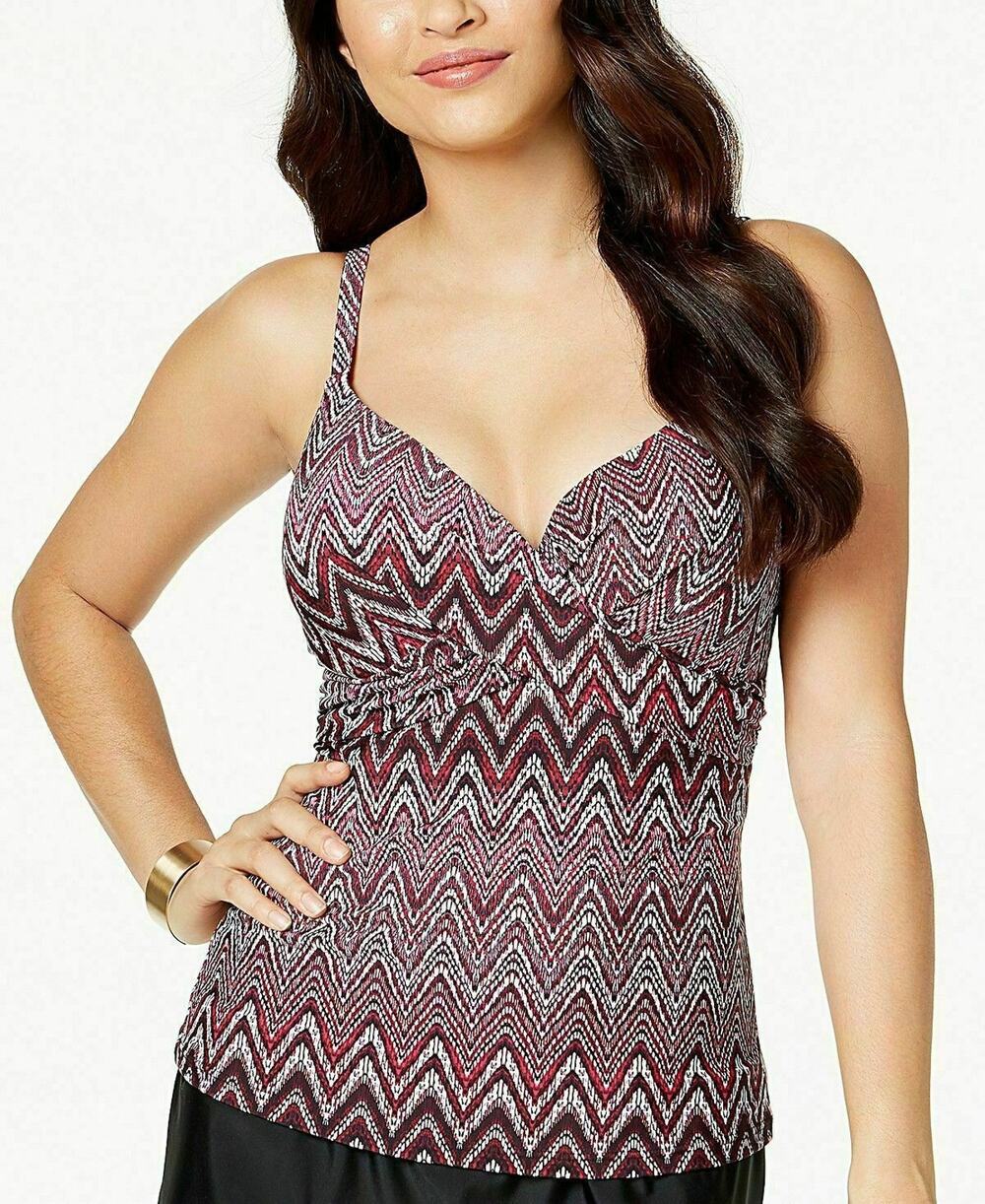 Island Escape Gemini Chevron Tankini Top Underwire PushUp Size 6 New Maroon Teal